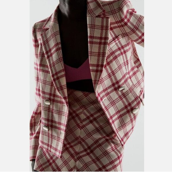 ZARA Textured Plaid Blazer Jacket Coat Pink White Double Breast Size M NWT - Picture 4 of 8